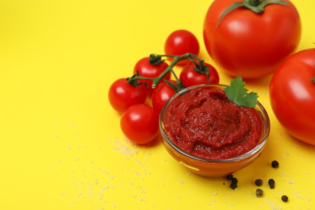 Tigela de pasta de tomate e ingredientes em fundo amarelo