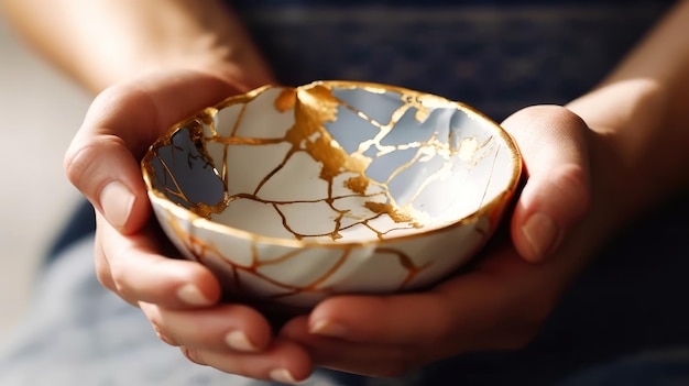 Tigela de porcelana branca com método kintsugi em mãos femininas Cerâmica antiga restaurada com rachaduras de ouro Método japonês tradicional de fixação de ouro Conceito Wabi sabi Luz solar IA generativa