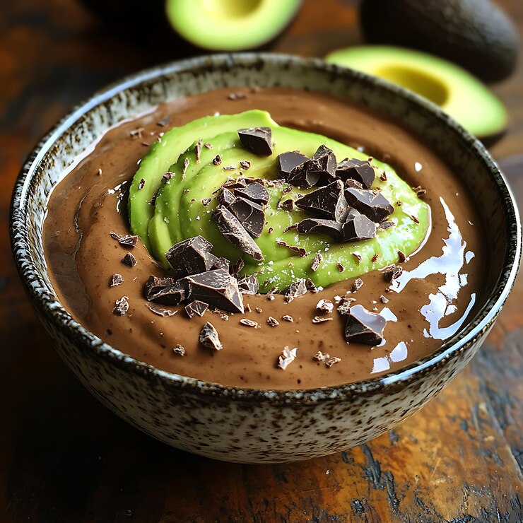 Foto tigela de pudim de chocolate com abacate e chips de chocolate