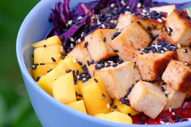 Tigela de puxão vegetariano de tofu na mesa de madeira ao ar livre