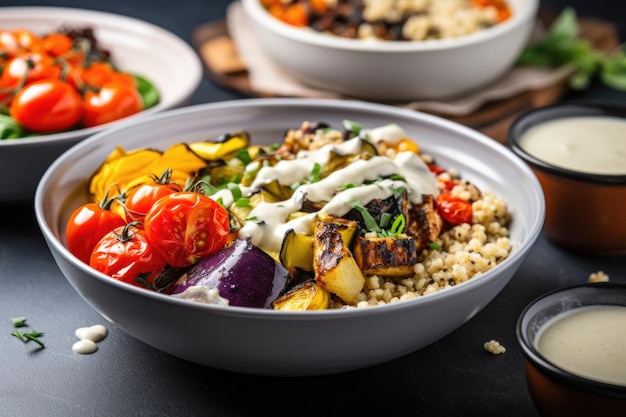 Tigela de quinoa com legumes assados e molho à parte