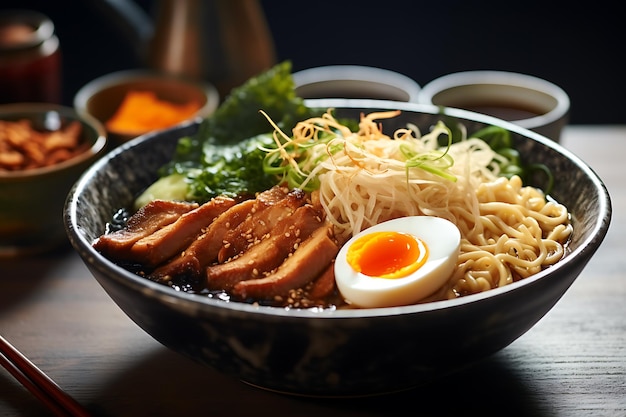 Tigela de ramen tonkotsu japonês na mesa de jantar no restaurante