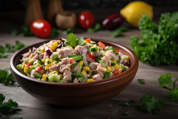 Tigela de salada de atum fresco com mistura de vegetais e ervas criada com generative ai