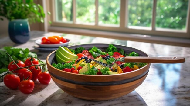 Tigela de salada fresca e colorida no balcão de cozinha de mármore