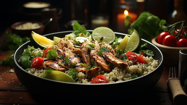 Tigela de salada saudável com quinoa, tomate, frango, abacate, limão e verduras mistas, alface, salsa