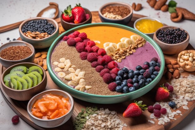 Tigela de smoothie com coberturas e mixins como frutas granola e nozes criadas com ai generativo