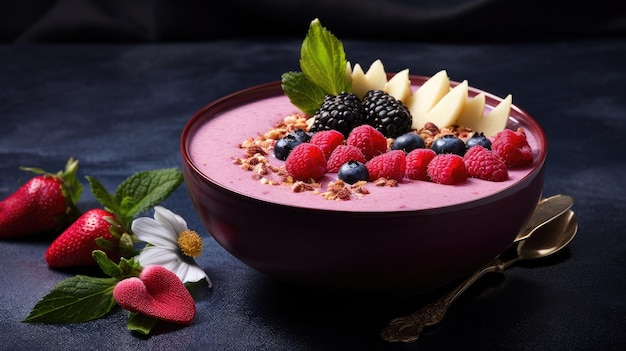 Tigela de smoothie de frutas frescas com coberturas decoradas em fundo escuro