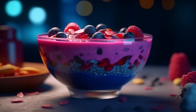 Tigela de smoothie de frutas saudáveis, uma refrescante celebração de verão de frescor gerado pela inteligência artificial
