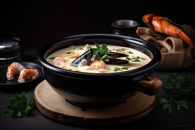 Tigela de sopa cremosa de frutos do mar com camarão mexilhão e carne de caranguejo