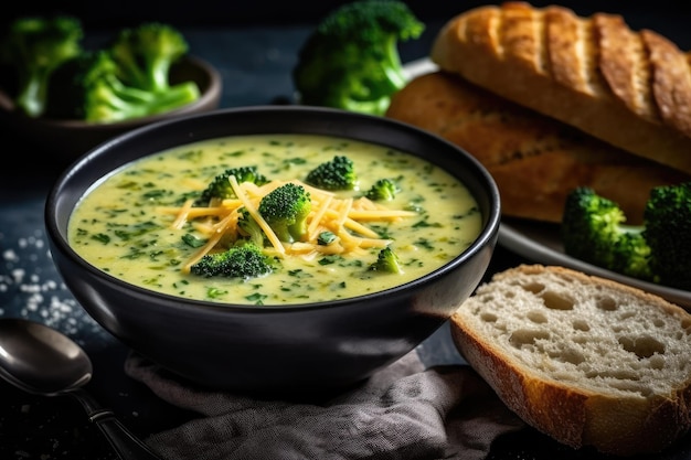 Tigela de sopa de brócolis com queijo IA generativa