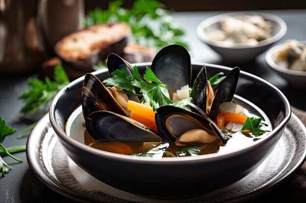 Tigela de sopa de frutos do mar com mexilhões e amêijoas guarnecido com ervas picadas