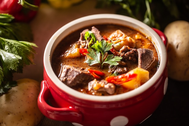 Tigela de sopa de goulash com carne, batata e pimenta ao lado de ingredientes crus para o guisado.