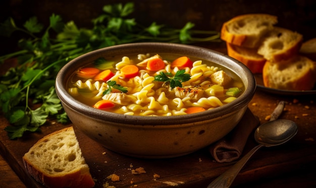 Tigela de sopa de macarrão de galinha na tábua ao lado do pão Generative AI