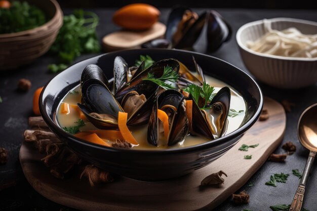 Tigela de sopa saborosa de frutos do mar com mexilhões e cogumelos