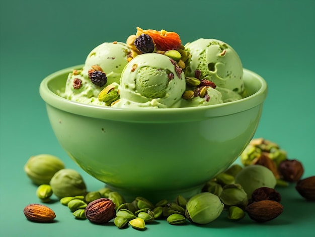 Foto tigela de sorvete de pistache verde com pedaços de frutas secas em fundo verde isolado