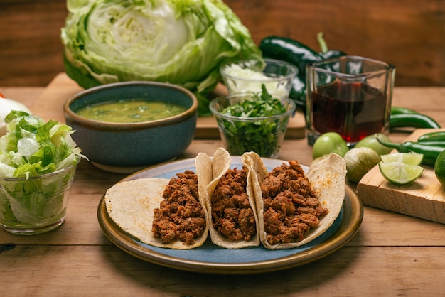 Tigela de tacos de carne marinada com salsa verde e legumes em uma mesa de madeira Tacos de adobada