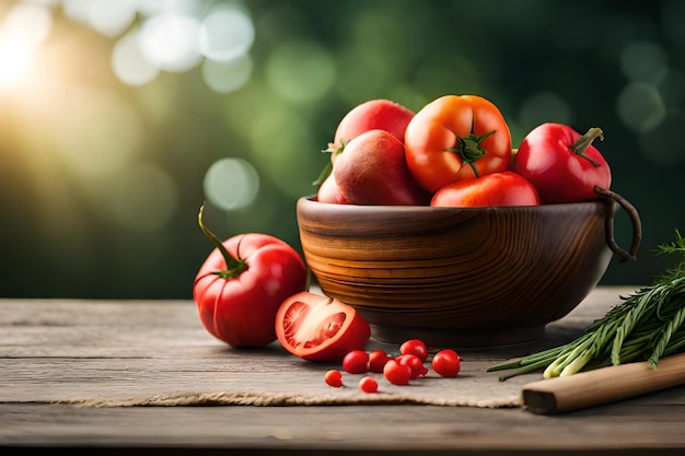 Tigela de tomates e tomates em uma mesa