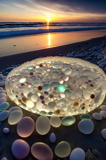 Tigela de vidro sentada em cima de uma praia ao lado do oceano generativo ai
