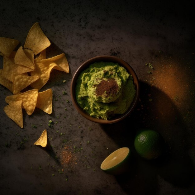 tigela de visão aérea com guacamole e nachos espalhados