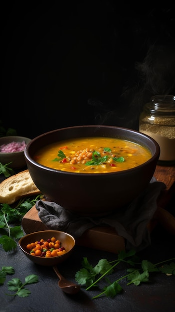 Tigela fumegante de sopa Dal com guarnições coloridas na Índia, perfeita para anúncios de culinária indiana