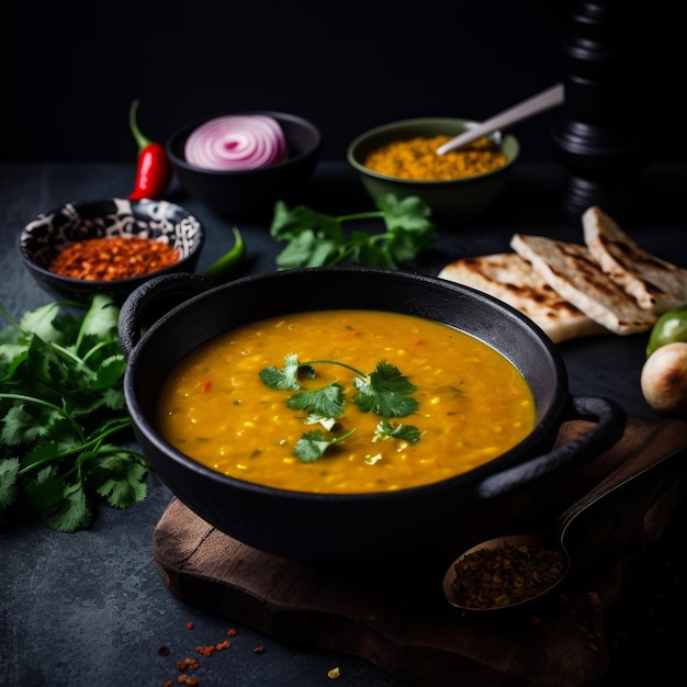 Tigela fumegante de sopa Dal com guarnições coloridas na Índia, perfeita para anúncios de culinária indiana
