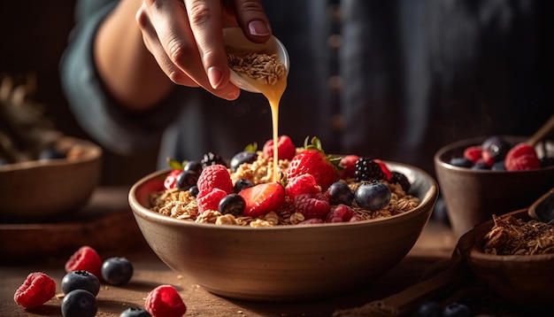 Tigela gourmet feita na hora com granola orgânica e iogurte gerado por ia