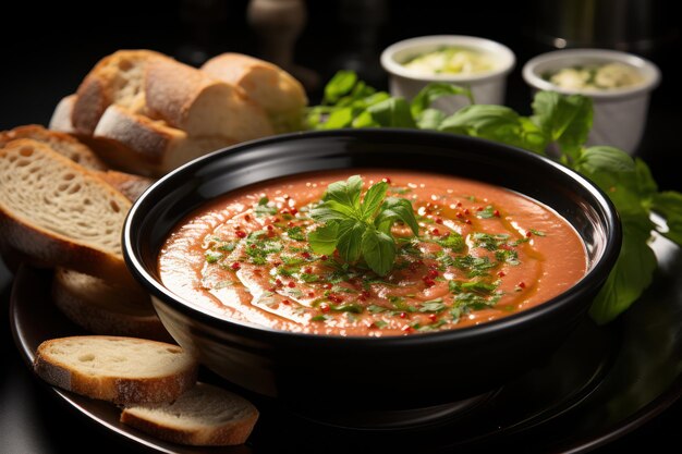 Tigela refrescante de sopa de gaspacho com pepino e pimentão gerada por IA