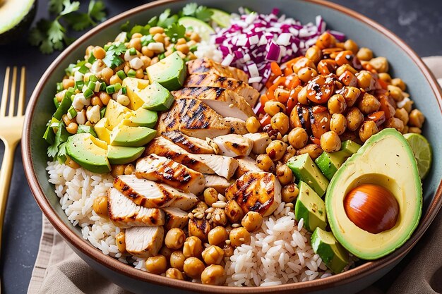 Foto tigela vegetariana de buda com salada de legumes frescos e grão de bico