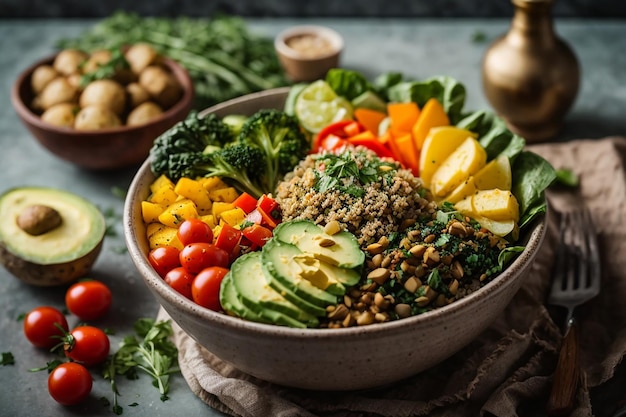 Foto tigela vegetariana de buda vegetais crus e batatas assadas em tigela refeição vegana comida saudável e desintoxicante