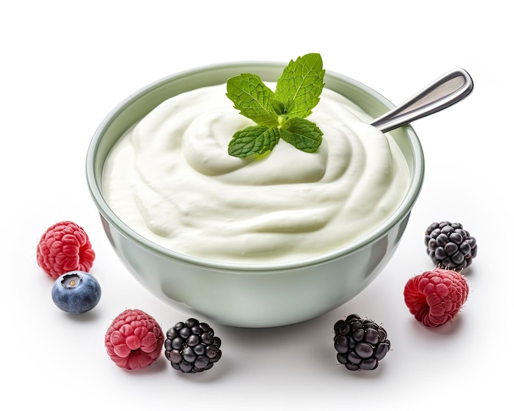 Foto tigela verde de iogurte grego e frutas frescas isoladas em fundo branco