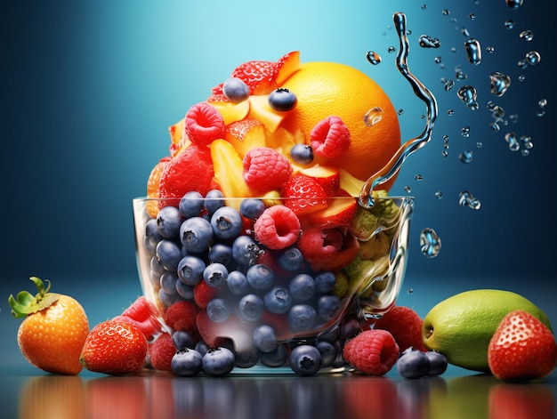 Tigela vibrante de frutas frescas com respingos de água refrescante aprimorada por IA generativa