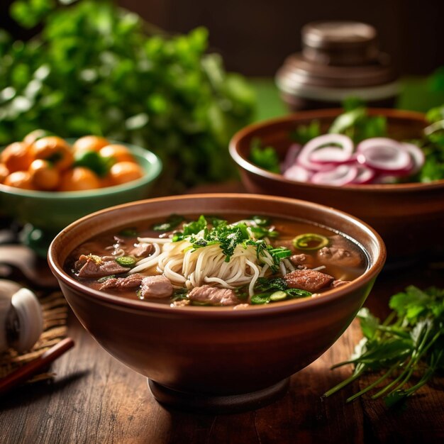 tigelas de comida sobre uma mesa com uma variedade de vegetais geradores de IA