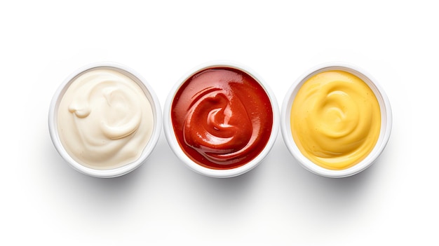 Tigelas de maionese de ketchup e mostarda isoladas na vista superior de fundo branco