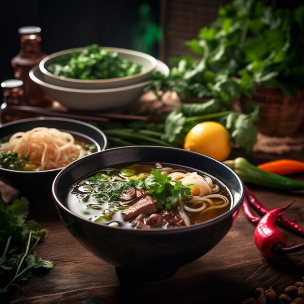 tigelas de sopa com carne e legumes em uma mesa generativa ai