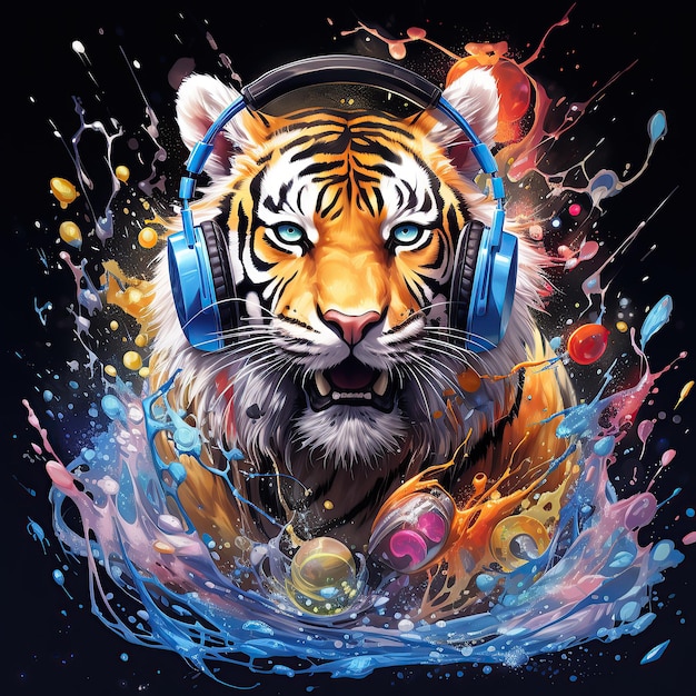 Tiger anthropomorpher Tiercharakter, der Musik genießt, generative KI