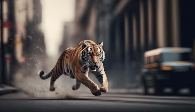 Foto tiger está corriendo por una calle de la ciudad imagen ai