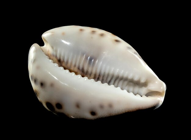 Tiger Cowrie Seashell auf schwarzem Hintergrund