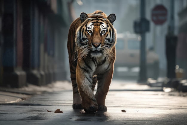 Tiger está caminando por una calle de la ciudad