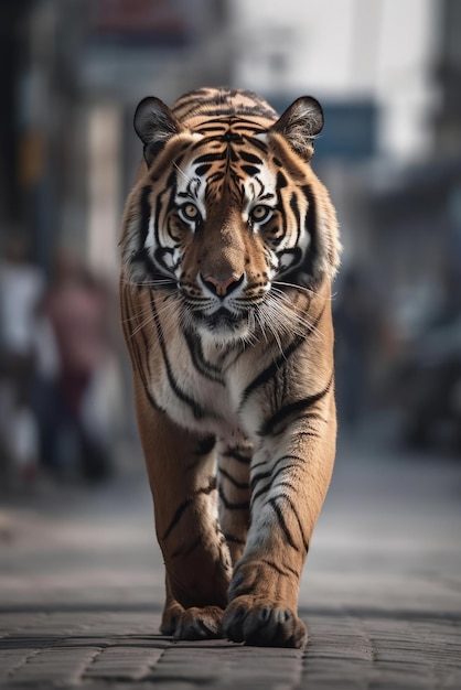 Tiger está caminando por una calle de la ciudad