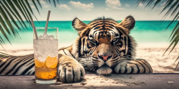 Tiger está de férias de verão no resort à beira-mar e relaxando na praia de verão