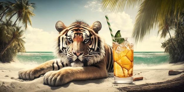 Tiger está de férias de verão no resort à beira-mar e relaxando na praia de verão