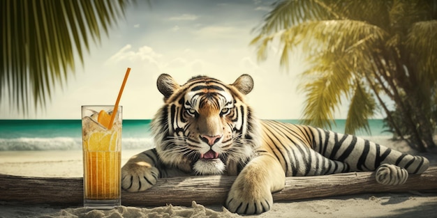 Tiger está de férias de verão no resort à beira-mar e relaxando na praia de verão