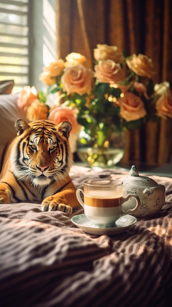 Foto tiger genießt eine tasse kaffee und blumen generative ki