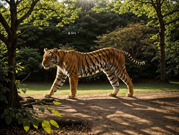 Tiger guckt hinter einem Baum hervor. Gefährliches Tier im Wald