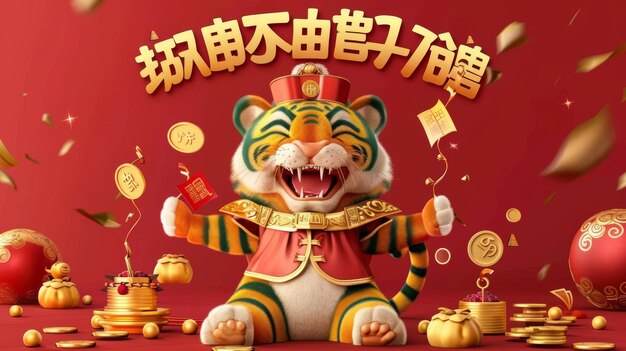 Tiger hält Goldbarren und Münzen in hoher Knie-Pose an einem roten Umschlag. Der Gruß ist oben auf Chinesisch geschrieben.