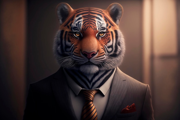 Tiger im Business-Anzug im Büro aus nächster Nähe