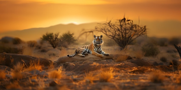 Tiger im Dschungel bei Sonnenuntergang KI-generiert