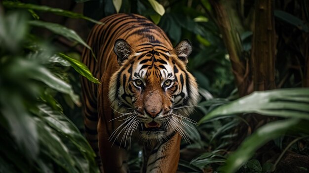 Tiger im Naturlebensraum Tigermännchen geht mit dem Kopf auf Kompositions-Wildtierszene