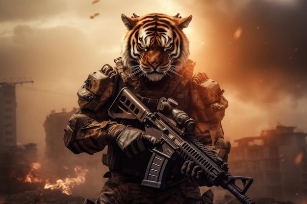Tiger in Körperpanzerung und mit einem Maschinengewehr. Biest in einer Rüstung mit leuchtenden Augen. Generative KI