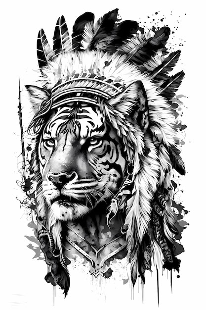 Tiger in Kriegshüte Totemschild isoliert auf weißem Hintergrund